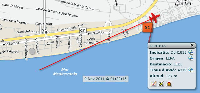 Avi� aproximant-se a l'aeroport de Barcelona-El Prat per aterrar a la tercera pista, en configuraci� est, sobrevolant Gav� Mar dins de l'horari nocturn i amb un elevad�ssim impacte ac�stic (9 Novembre 2011 - 01:22h)